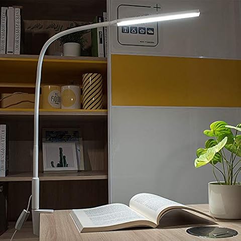QJUZO 10W Desk Lamp with Clamp, 64 LEDs Eye-Care Reading Light Dimmable, Flexible Swing Arm Architect Lamp for Reading, Working, Office, with Memory Function, with Switch, USB Cable, White Cover