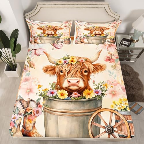 Juego de sábanas bajeras de flores de ganado, tamaño King, diseño de botas de vaquero del suroeste, para niños, niñas, adolescentes, acuarela, floral, decoración de habitación, sin sábana superior