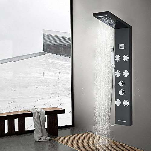 Panel de ducha de torre de acero inoxidable con sistema de lluvia, cascada y masaje corporal con chorros miniatura 1