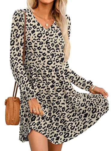 PLOKNRD Damen Langarm Kleid V-Ausschnitt Freizeitkleid mit Taschen Elegant Schichten Design Kleider Midi Herbst Winter Leopardenmuster L