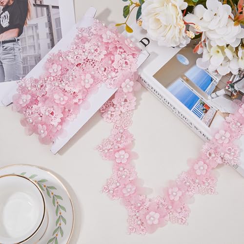 HOBBIESAY 3 Yards Polyester Embroidery Lace Ribbon Trim 58mm Wide Pink Flower Lace Ribbons Roll Imitation Pearls Gift Wrapping Ribbon Romantic Pink Wedding Applique Tape for Craft Decoration - Image 4