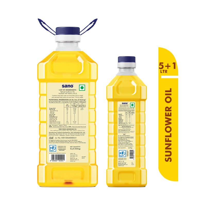 Image of Sano Sunflower Oil 5+1 Litre Pet Bottle - Pure, Nutrient-Rich Cooking Oil with High Smoke Point - Ideal for Frying, Sauteing, and Baking - Pack of 2 Bottles