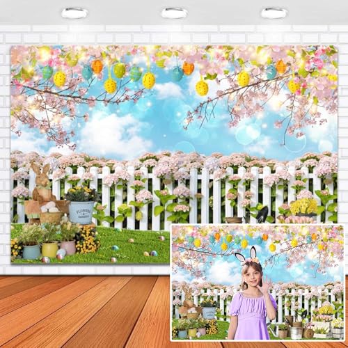 Leowefowa 5x3ft Spring Easter Garden Backdrop Pink Floral Bunny Colorful Eggs Grass Flower Fence Backyard Spring Backdrops for Photography Background Easter Party Decor Banner Photo Props Vinyl