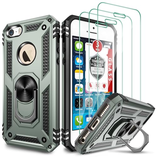 GAMEMIUZ for iPhone SE Case(1st gen - 2016), Case for iPhone 5S with [3X Tempered Glass Screen Protector]，Built-in Ring Kickstand and Magnetic Car Mount Shockproof Dropproof Cover 4' - Green