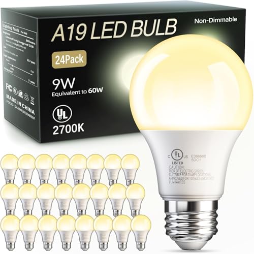 TJOY 24 Pack A19 LED Light Bulb, Soft Warm White 2700K, 60 Watt Eq E26 Base