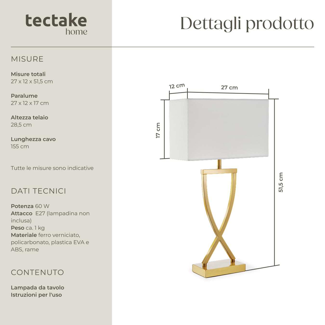 tectake® lampada da scrivania moderna, 60W, luce antiabbagliamento, paralume in tessuto, lampada da comodino struttura in ferro rivestito, base stabile, bajour comodino, design elegante - Color Ottone