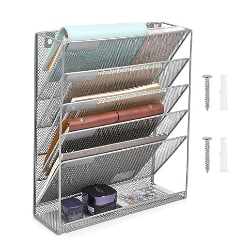 Revistero de Malla para Colgar en Pared de 6 Niveles, Soporte de Archivador A4, 40 cm x 32,5 cm x10,5 cm Estante de Clasificación de Archivos de Escritorio de Alambre, para Documento y Carpeta