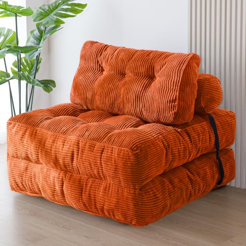 Image of MAXYOYO Folding Sofa Bed, Convertible Chair Bed with Pillow | Foldable Couch with Back Support, Portable Fold Out Chair Comfy Floor Sofa for Living Room Bedroom, New Orange, Single