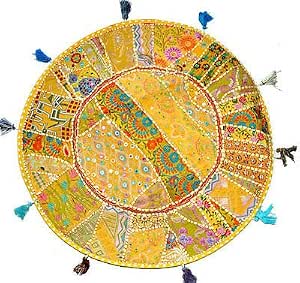 Sophia Art Indian Pouf Stool Cover - Vintage Patchwork Embellished Ottoman, 18x13 Inches (Mehndi Green)