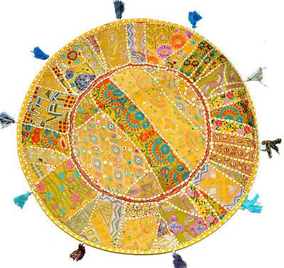 Sophia Art Round Floor Pillow Cushion Patchwork Pouf Ottoman Vintage Indian Foot Stool Bean Bag Floor Pillow Cover Home Decor Living Room Ottoman Bohemain Pillows (Yellow, 16 Inch)