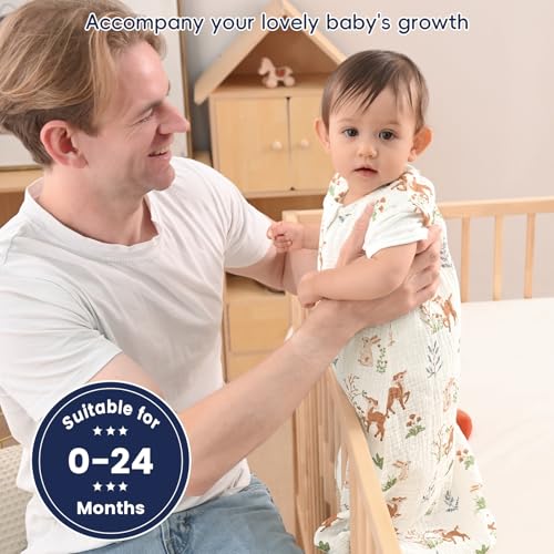 PHF 100% Muslin Cotton Baby Sleep Sack, 12-18 Months Baby Wearable Blanket with 2-Way Zipper, 2 Pack Soft Breathable Cooling 0.5 TOG Large Size Sleeveless Sleeping Bag for Boys/Girls, Woodland - Thumbnail 7