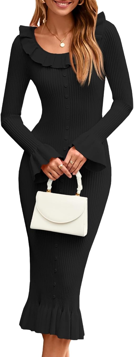 Wenrine Womens Bodycon Midi Sweater Dress Casual Ribbed Knit Bell Long Sleeve Ruffle Crewneck Decor Button Dresses