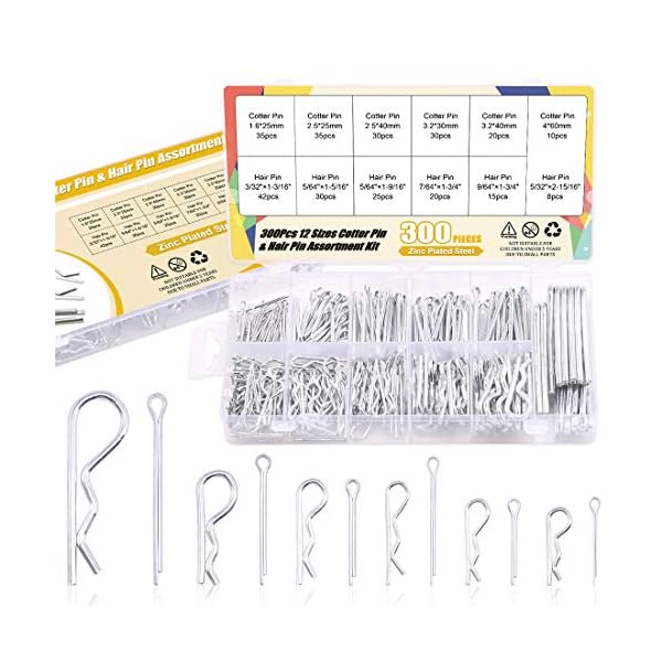 Hilitchi 300 Stück 12 Größen verzinkter Stahl Splinte Haarspangen und R Clips Verschluss Sortiment Kit für…