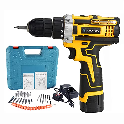 CONENTOOL 18V Akkuschrauber Set, 40N·m Akkubohrer mit 2000mAh Akku, 2-Gang Max.1500rpm, 3/8" (10mm) Bohrfutter, 18+1 Drehmoment Akkubohrer Set, Bohrschrauber mit 36PCS Zubehöre für Haus DIY Projekt