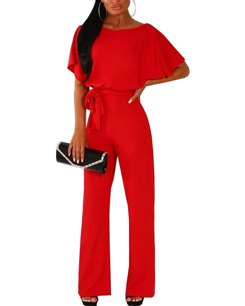 Walant Mono de manga corta para mujer, cuello redondo, color liso, mono de verano elegante Slim pantalones sueltos casuales con cinturón