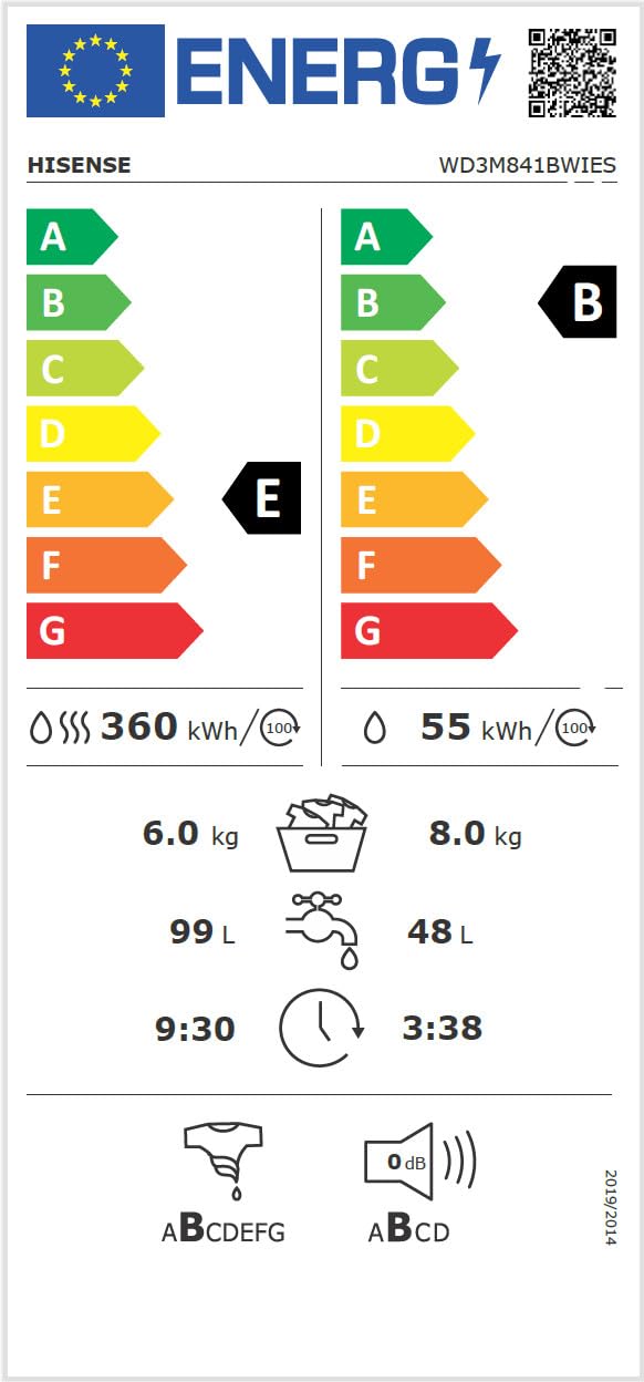 Hisense WD3M841BWIES - Lavasecadora, Clase E/B, 8kg/6 kg, Lavado Secado 1h, Pausar y Añadir, Finalización Diferida, Tecnología Inverter, Blanco