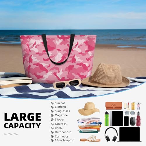 Large Beach Bags for Women Sandproof - Pink Camouflage Print Summer Travel Work Tote Bags with Zipper4