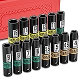 Aurlloct 14 Piezas Juego de Llaves de Vaso de Impacto 1/4", 4-15 mm Vasos de Impacto Largo, para de Coches Cambio Neumáticos