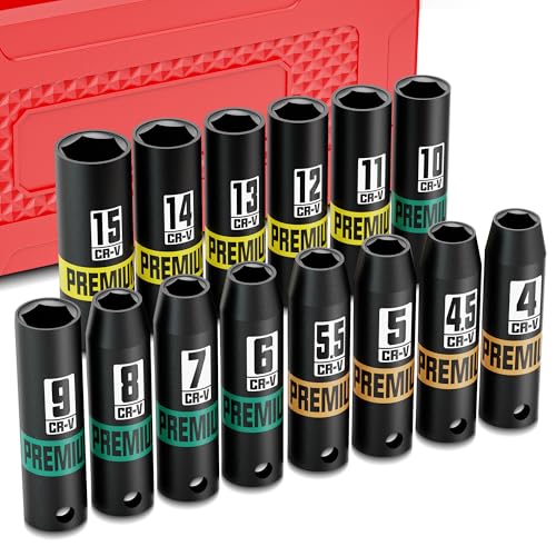 Aurlloct 1/4" Drive Impact Socket Set,14Pcs Deep Sockets, 4-15 mm Hex Long Socket Set, for Home Repair Bicycle Maintenance