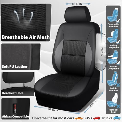 Image of CAR PASS Leather Seat Covers Breathable Air Mesh Car Seat Cover Full Set Super 5mm Sponge Inside, Airbag Compatible, Universal Automotive Interior Cover Fit for Car SUV Truck Van, Black