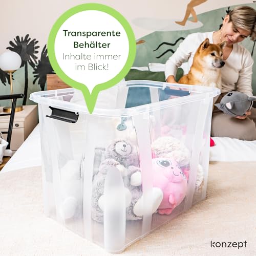 KONZEPT Aufbewahrungsbox 55 L mit Deckel – transparente Kunststoffbox, stapelbar, BPA-frei, verstärkter Boden, robuste Verschlussclips – ideal für Küche & Haushalt