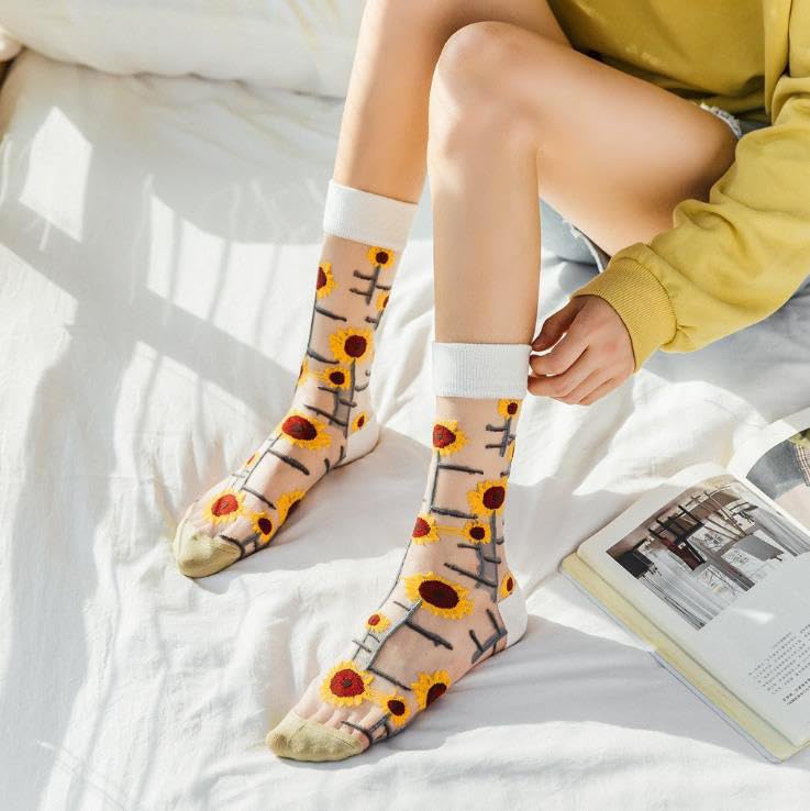 Image of 6 Pairs Women Floral Sheer Socks Elastic See Through Mesh Lace Jacquard Transparent Socks, 5-7.5