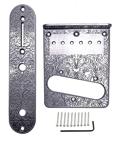 Tuoren 1 Set Telecaster Bridge Plate 3 Way Switch Control Plate Set With Carved Pattern Compatible With Fender Tele 6 String Electric Guitars Silver #TOP13