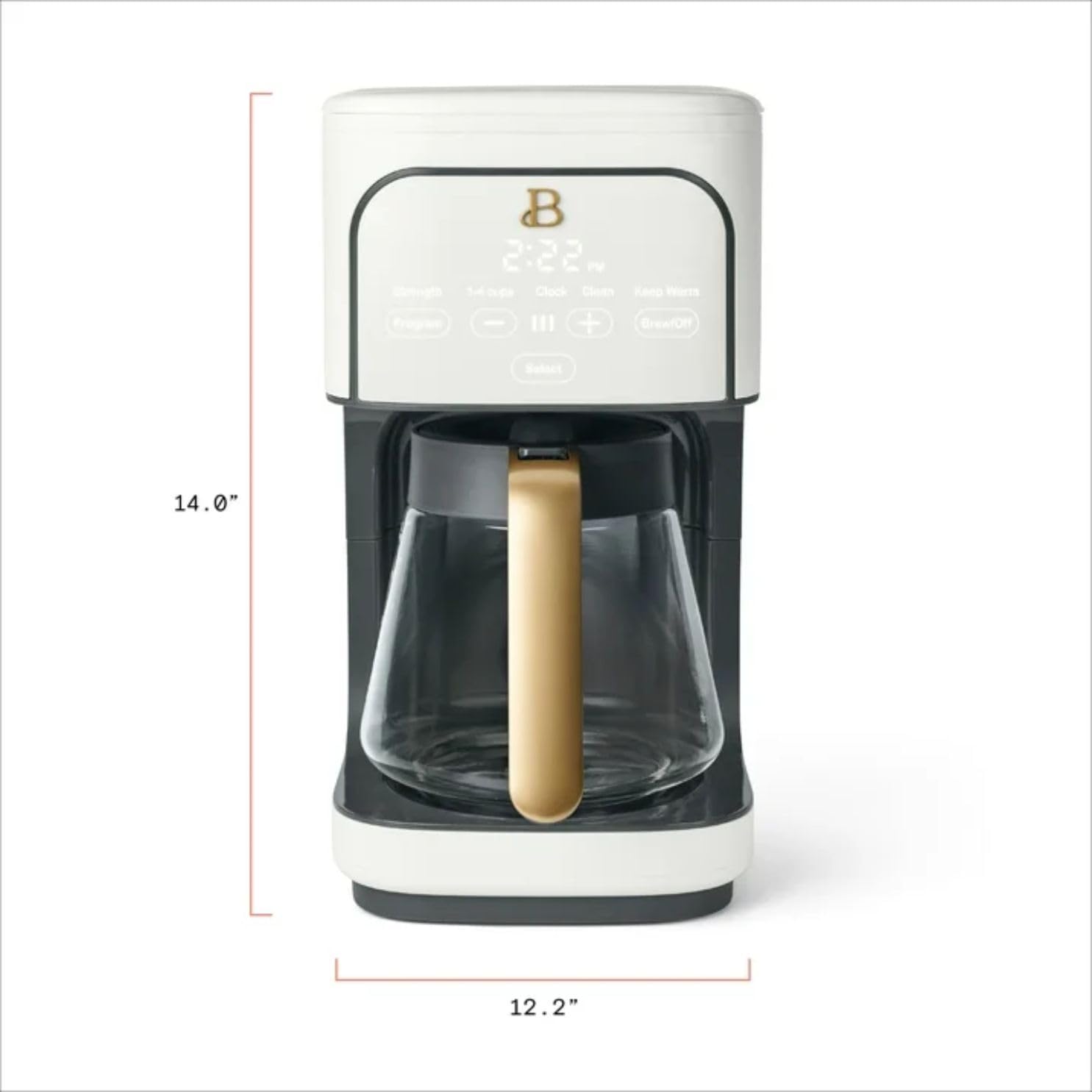 Dimensions of the 12-Cup Programmable Coffee Maker, showing height of 14.0 inches and width of 12.2 inches.