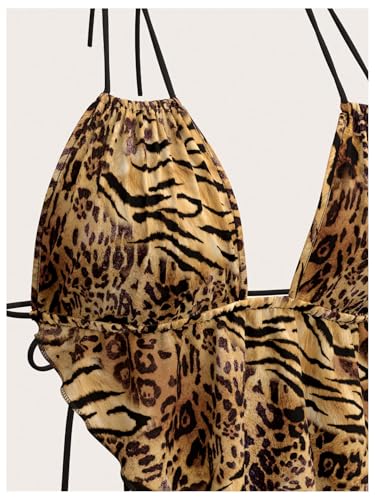 Verdusa Women's Y2k Leopard Print Rave Outfits Deep V Halter Crop Tops Ruffle Going Out Top Clubwear4