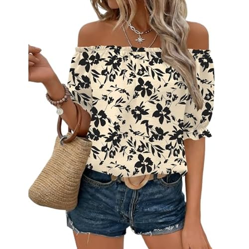 Kistore Womens Tops Short Sleeve Cotton Shirts Off The Shoulder Tops for Women Crewneck Dressy Casual Blouses S-XXL Apricot Black Floral Large