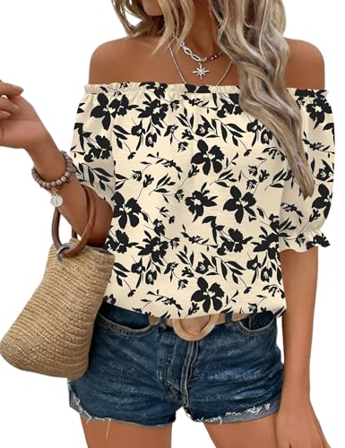 Kistore Off The Shoulder Tops for Women Short Sleeve Trendy Casual Dressy Blouses Crewneck Shirts for Women Spring Clothes 2026 M