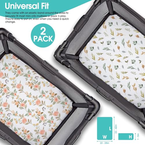 Image of Pack n Play Sheets, BROLEX 2 Pack Mini Crib Sheets,Stretchy Portable Fitted Playard Sheet Set, Convertible Playard Mattress Cover,Ultra Soft Breathable Material,Rose & Foliage
