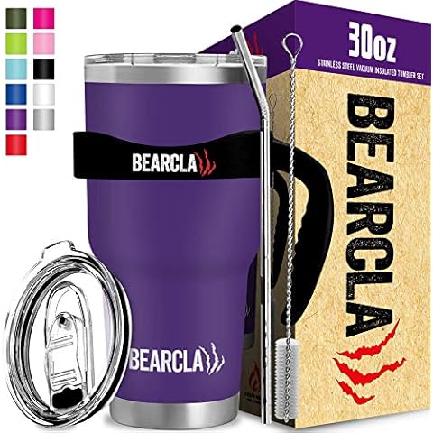 MalloMe BEARCLAW Stainless Steel Tumbler - 24 Hours Cold Water 6 Hour Hot Coffee Vacuum Insulated Mug Cup Set, Purple 30 oz Cover