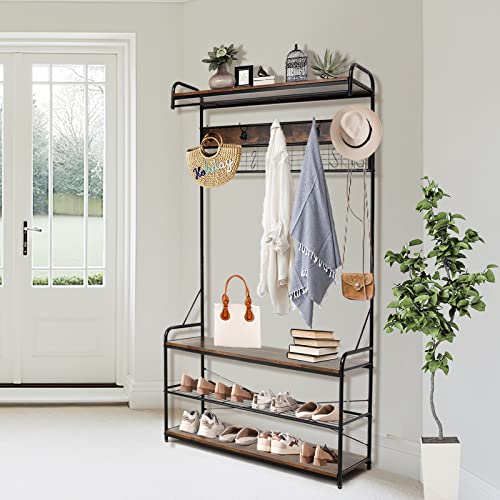 5-In-1 Entryway Hall Tree, Coat Rack Shoe Bench With 11 Hooks And 2 Hanging Rods, Grid Panel For Memo And Photo Display, Industrial Rustic Wood Metal Furniture For Hallway, Bedroom #TOP2