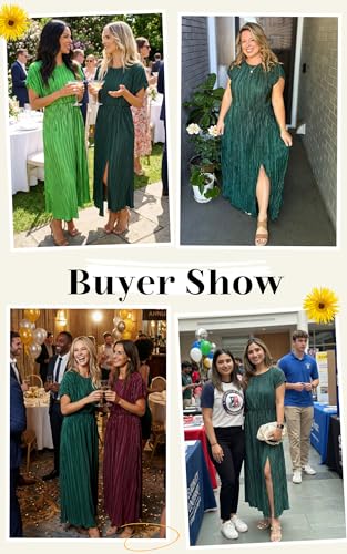 Image of ECOWISH Women Maxi Dresses Cocktail Party Wedding Guest Formal Pleated Long Dress Short Sleeve Slit Empire Waist Evening Gown