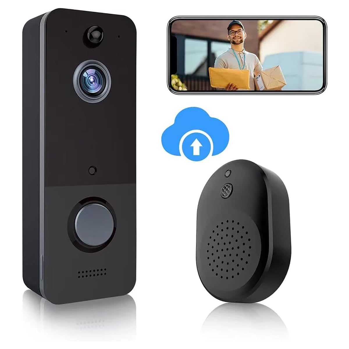 Sonnette vidéo avec caméra, Sonnette vidéo sans Fil HD avec Sonnerie, Sonnette Intelligente avec Batterie, Vision Nocturne, Judas électronique à Distance