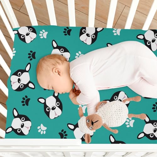 Image of Boston Terrier Puppy Head Fitted Crib Sheets Stretchy Portable Playard Sheets for Baby Toddler, Breathable Soft Mini Crib Mattress 52 x 28 in for Boys and Girls