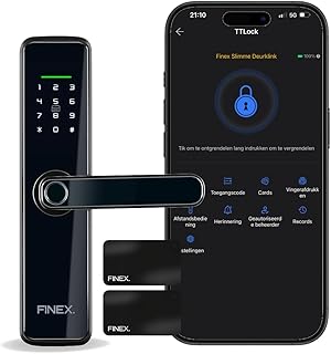 FINEX Smart Lock, Intelligentes Türschloss, Türgriff mit Fingerabdruck, mit App & WLAN, Bluetooth, Schwarz, Einbruchhemmend (Smart lock)