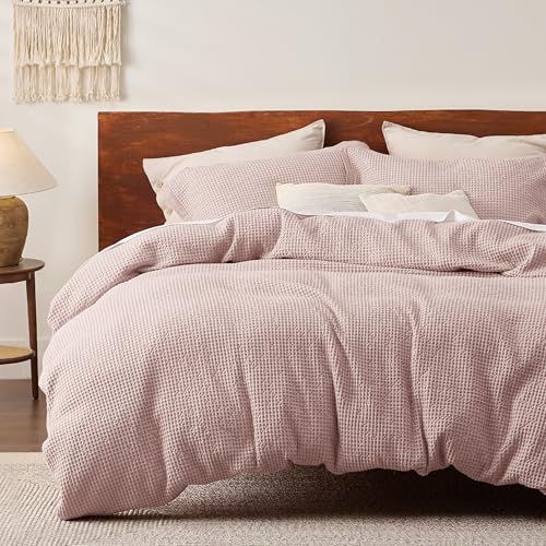 Bedsure Cotton Duvet Cover Queen - 100% Cotton Waffle Weave Pink Duvet Cover Queen Size, GentleSoft™ and Breathable Bedding Set for All Season, 3 Pieces, 90