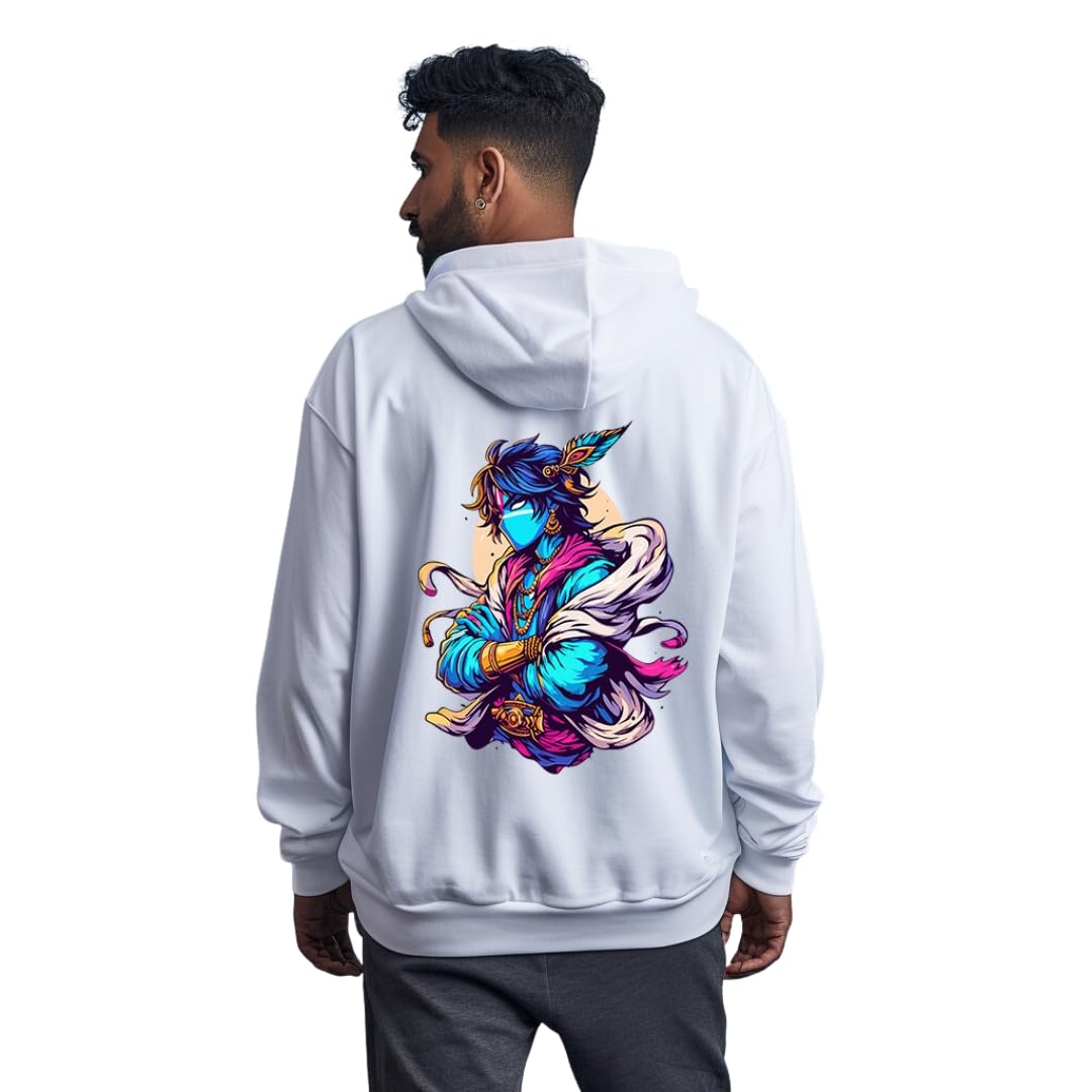 prabhu bhakti Solid White Lord Krishina with Morpankh Back Printed Pullover Full Sleeve White Hoodies Full for Men-picture-11