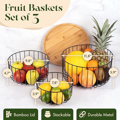 Fruit Basket for Kitchen Counter Set of 3 - Large Stackable Baskets with Bamboo Lid - Fruit Bowl, Perfect Holder For Fruits and Vegetable Storage -Keep Your Countertop Classy, Tidy and Slightly Fruity - Image 3