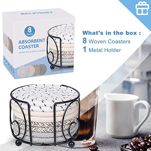 Belphust Coasters For Drinks Of 8 Pcs,Absorbent Drink Coaster With Holder,4 Colors Cute Cotton Woven Coaster Set For Coffee Table Tabletop Protection,Suitable For Kinds Of Cups,Home Decor,4.5Inches #TOP6