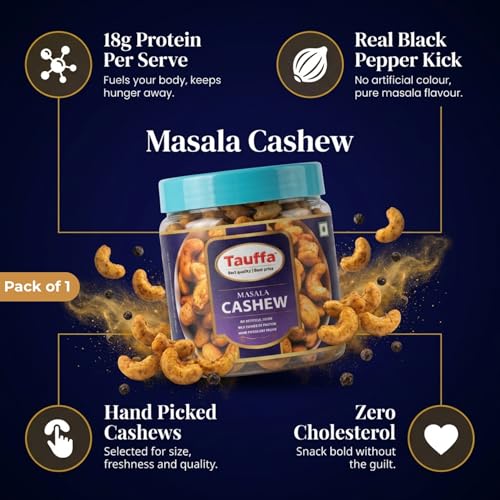 Image of Tauffa Masala Cashews 250g | Roasted Whole Kaju with Desi Masala | Crunchy Spicy Kaaju Nuts | Ready-to-Eat | No Added Oil or Colours