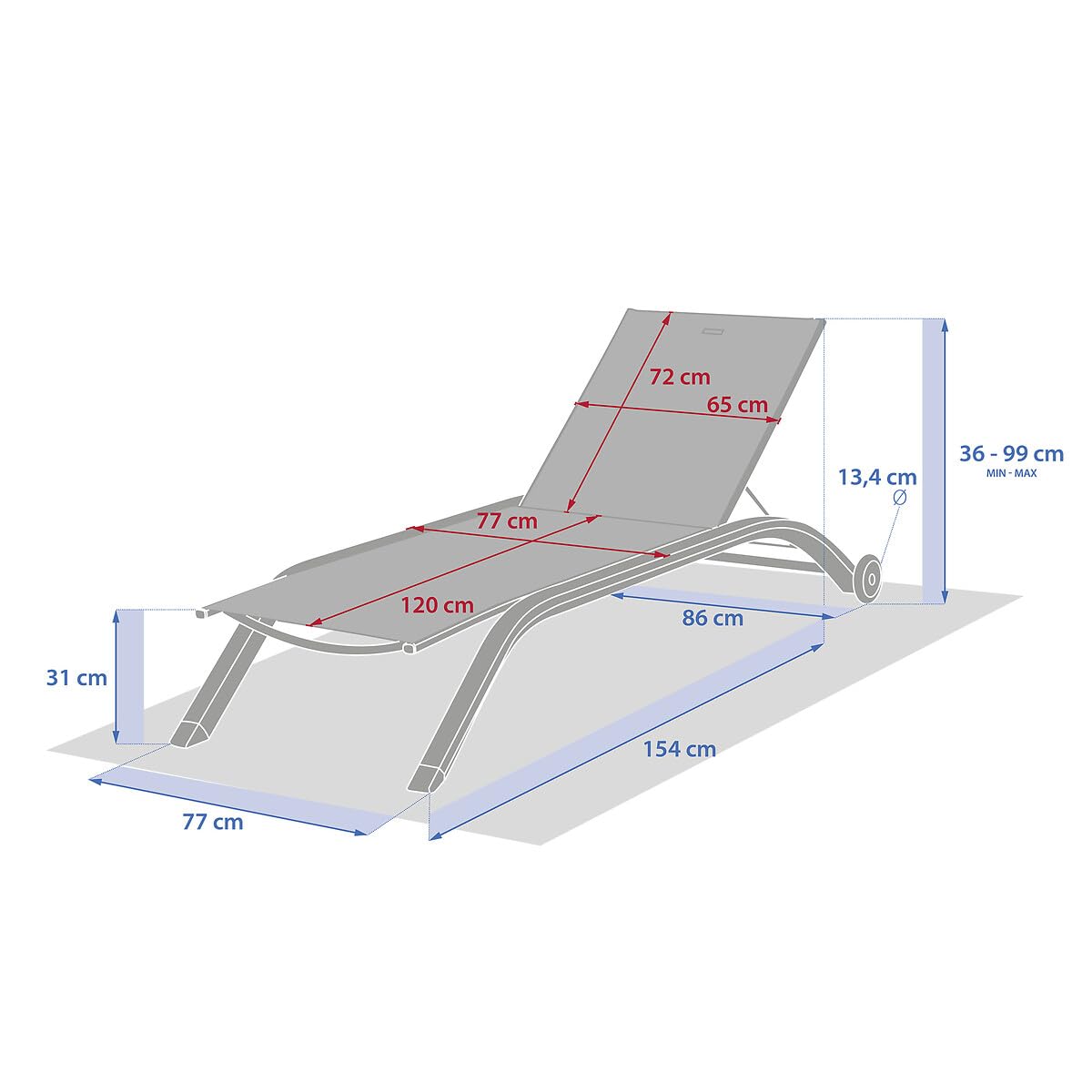 HESPERIDE - Transat Inclinable Jimani Anthracite et Graphite 2 Roues Anti-Rouille 4 Positions Mobilier Détente pour Jardin, Terrasse, Balcon, Patio