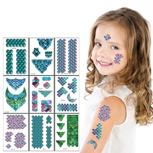 Qpout 20 Hojas Tatuajes temporales con escamas de sirena para niñas mujeres niños, Tatuajes...