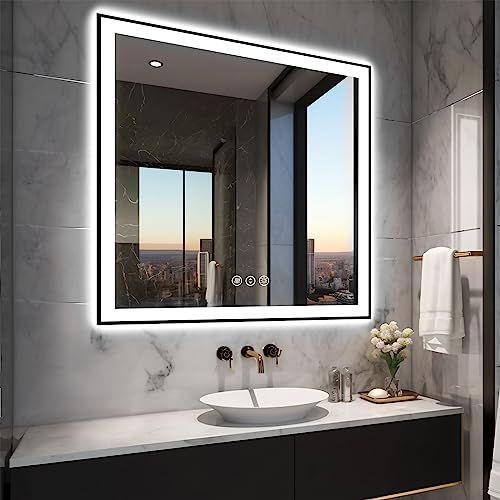 36x36 Square LED Bathroom Mirror - Black Aluminum Framed (Front and Backlit), Anti-Fog Vanity Mirror with Lights, Stepless Dimmable Lighted Mirror,3 Colors Smart Mirror(Horizontal/Vertical)