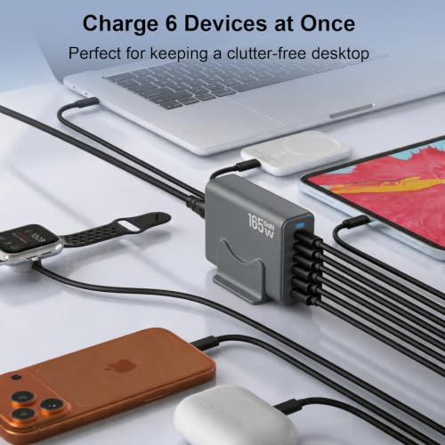 Image of 165W Charging Station, 6 Port Desktop Charger, 3 Ports 40W Grey