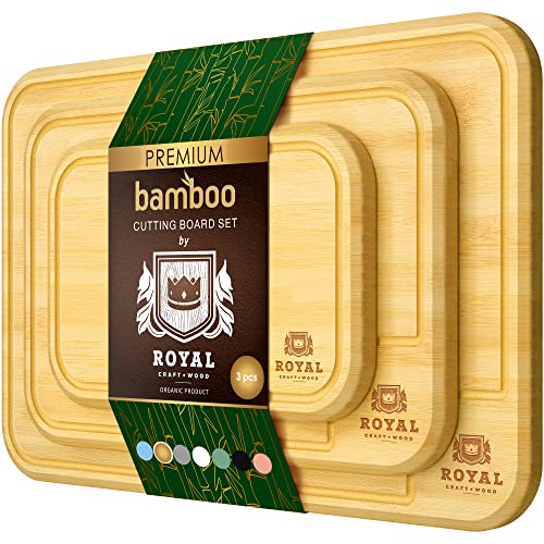 Premium Set of 3 Cutting Boards for Kitchen - Wood Chopping Boards & Serving Trays - Bamboo Butcher Block with Juice Groove & Easy Grip Handles for BBQ, Fish & Brisket