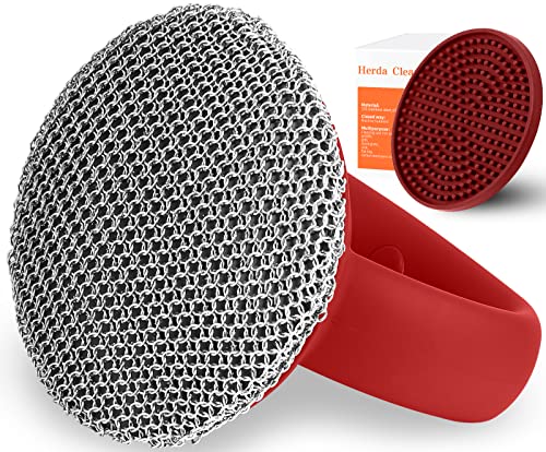 Cast Iron Cleaner Scrubber+Tray with Handle, Welded Chainmail Scrubber for