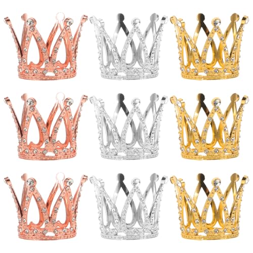 UKCOCO 9 Adornos para Tartas con Forma de Tiara Decoraciones para Pasteles de Princesa 9 Piezas en Dorado Plateado y Rosa Dorado con Brillo Ideales para Cumpleaños Infantiles Bodas